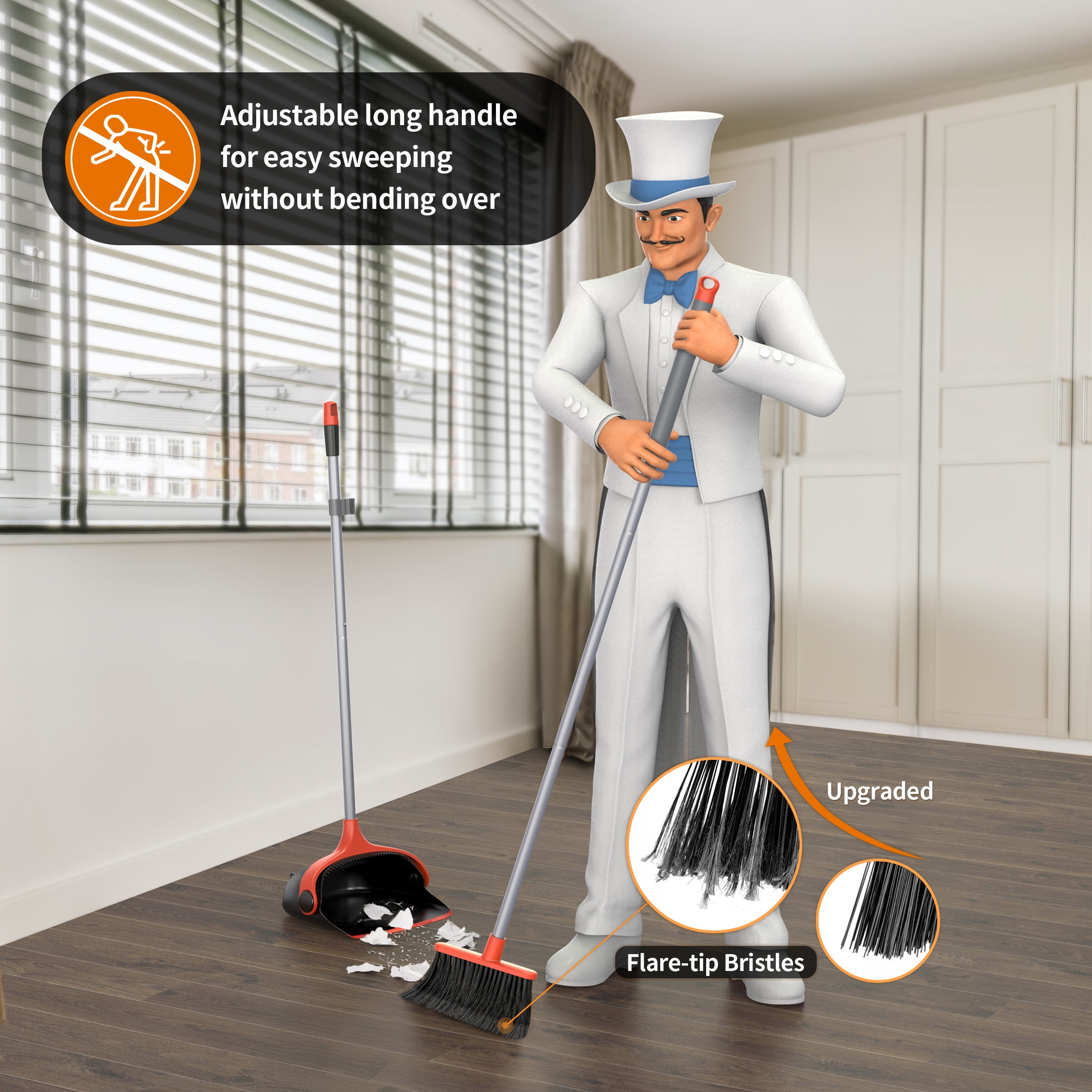 MR.Siga Upright Combo Broom and Dustpan Set with Adjustable Long