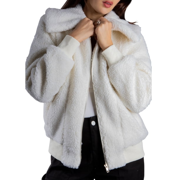 Jess por Meiko Chaquetas de Mujer de Manga Larga con Cuello Oversized, Bolsillos Frontales, Chaqueta Bomber de Felpa con Cierre, XS Blanca