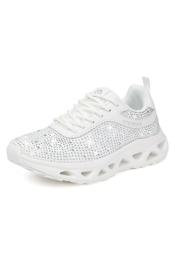 Casual Sneakers for Women Rhinestone Tennis Shoes Breathable Air Cushione Walking Shoes, White