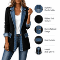thumbnail image 7 of Women's Denim Patchwork Knit Blazer Jackets Notched Lapel Long Sleeve Button Casual Long Coat Black L, 7 of 7
