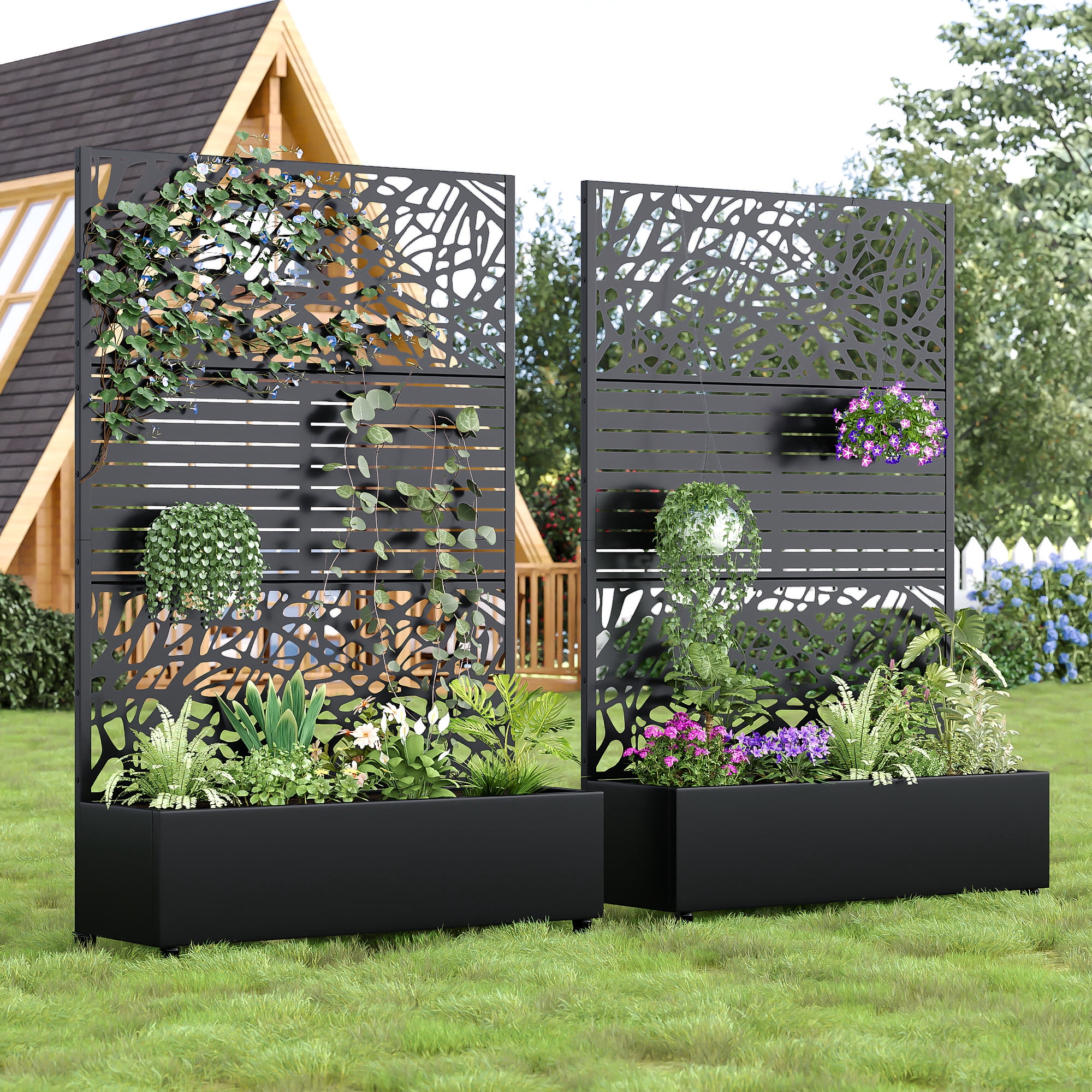MAYEERTY 2-Set 47*16" Outdoor Black Metal Planter Box with Trellis for Climbing Plants,Vine & Parallel Pattern