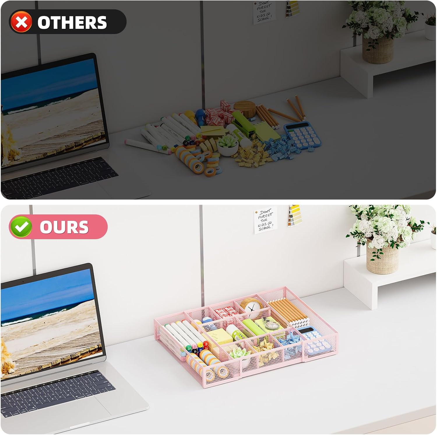 Expandable Desk Drawer Organizer, Mesh Tray with 10 Adjustable Compartments, Desk Organizers for Office Supplies, Makeup & Vanity (Expandable-Pink 2pack)