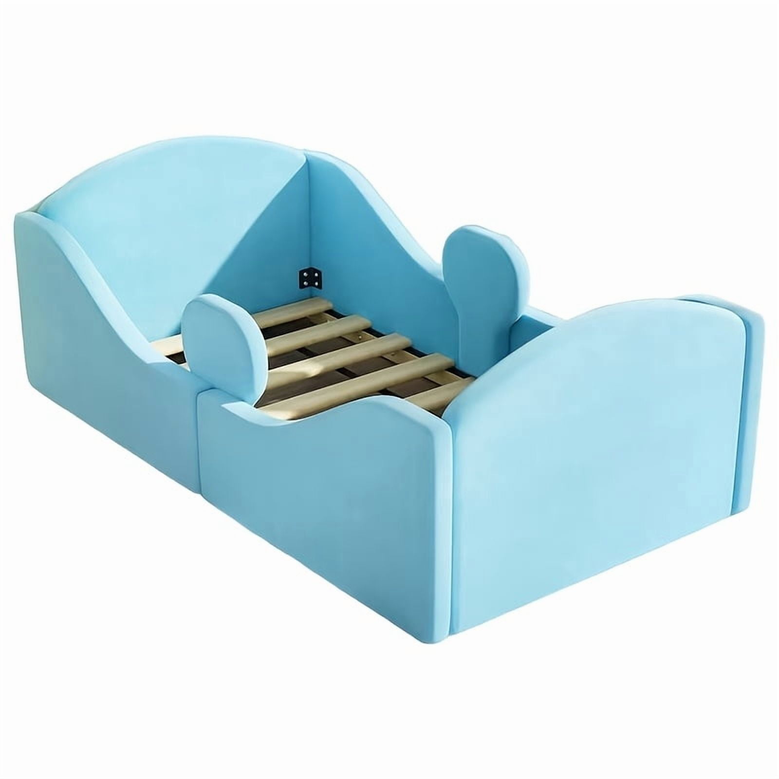 Datingday Toddler Floor Bed with Removable Safety Rails – Ultra Soft Upholstered Low-Profile Kids Bed, Standard Crib Size (Fits 52" x 28" Mattress), Blue, for Easy Crib-to-Big-Kid Bed Transition