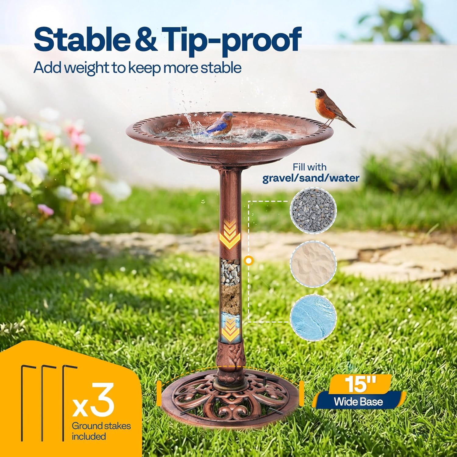 SPECSTAR Bird Bath, 28 inch Height Polyresin Lightweight Antique Outdoor Garden Birdbath Bronze