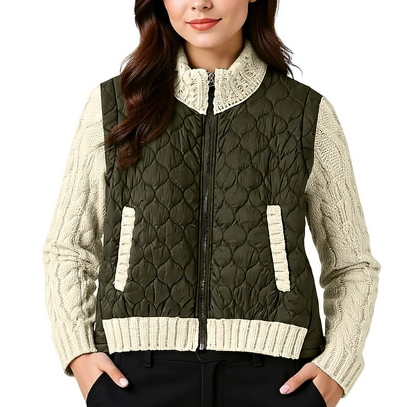 Jackets for Women Patchwork Knit Long Sleeve Quilted Fashion Zipper Cropped Puffer With Pocket Outerwear Trendy Clothes