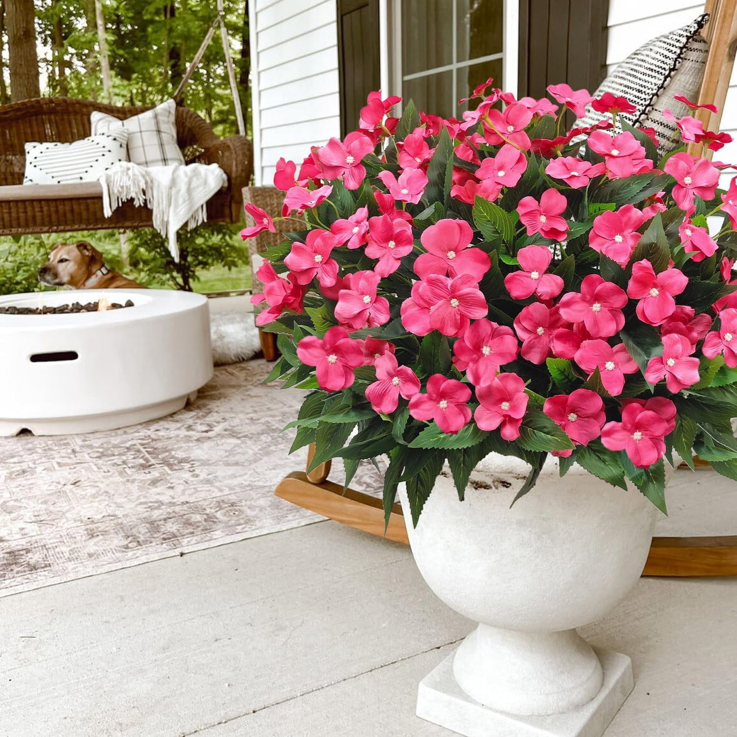 8 Bundles Artificial Impatiens for Outdoors UV Resistant Artificial Outdoor Flower Bouquet Fake Flowers Faux Plants Silk  Window Box Planter Decor(Rose Red)