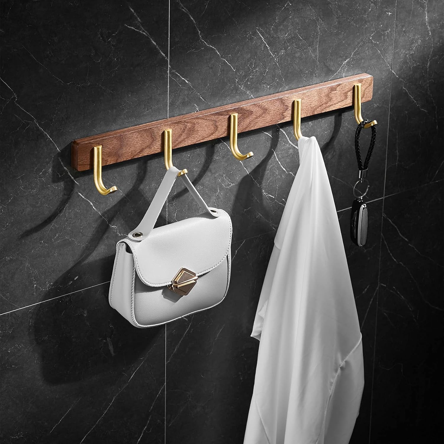 Wall Mounted Coat Rack, Entryway Hanging Rack with Rustic Hooks for Coat, Scarf, Bag, Towel, Key, Cap, Hat - Walnut Gold Matt (5 Hooks - J Shape)