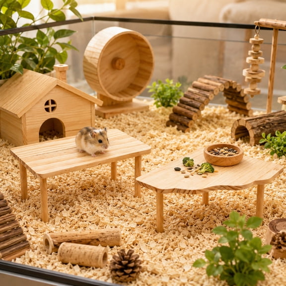 Natural Wood Hamster Ledge Set Rectangle and Corner Elevated Stand for Small Animals Cage Hideout Feeding Activity Accessories Beige Wood Shelf Set