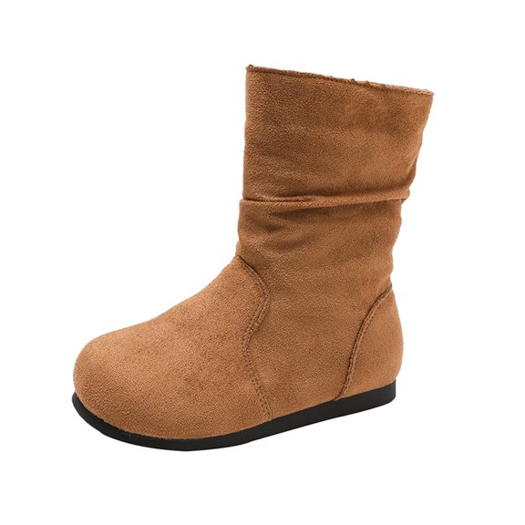 GobdXE Girls Mid Calf Boots Solid Faux Suede Ruched Shaft Flat Fall Winter Casual Shoes Brown,10-10.5 Years