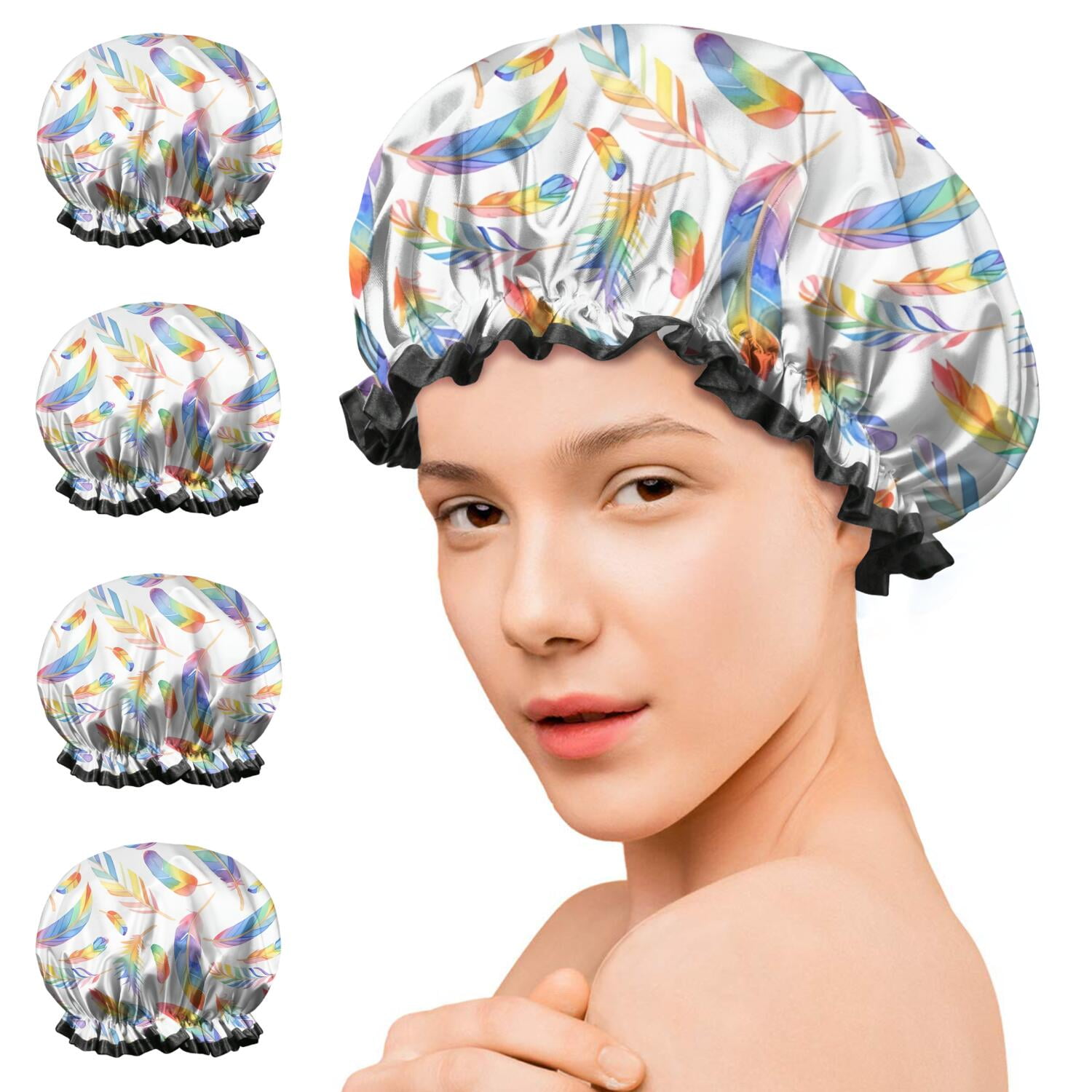 Shower Caps,Rainbow Watercolor Feather Pattern Waterproof Shower Cap for Women 4 Pieces,Double Reusable Hair Cover for Shower PEVA Elastic Stretch Hem