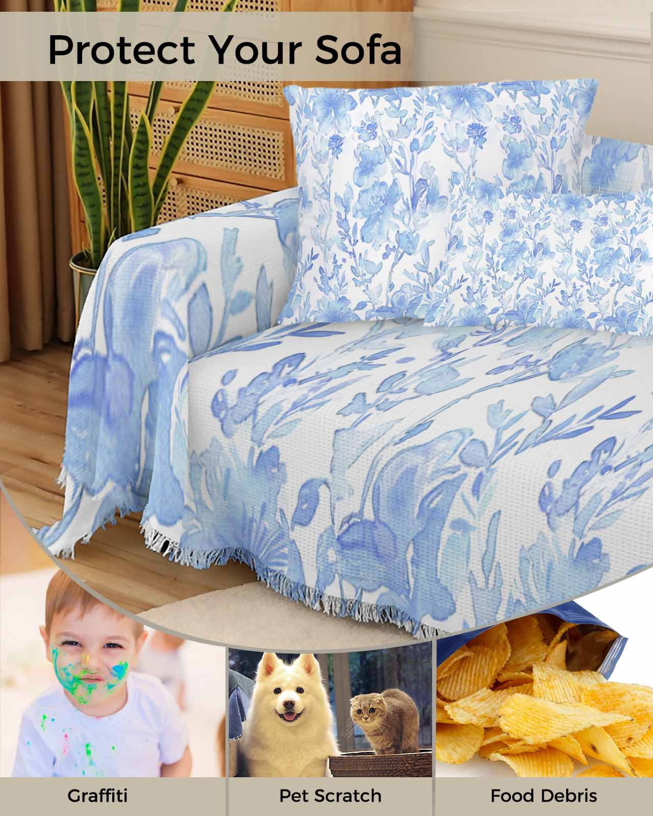 Blue Botanical Sofa Couch Covers for Dog,Washable Sofa Throw Cover Single Slipcoverfor Armchair with Tassels,Retro Ink Floral Flower Modern Minimalist Couch Protector Towel Blanket Medium 71x91