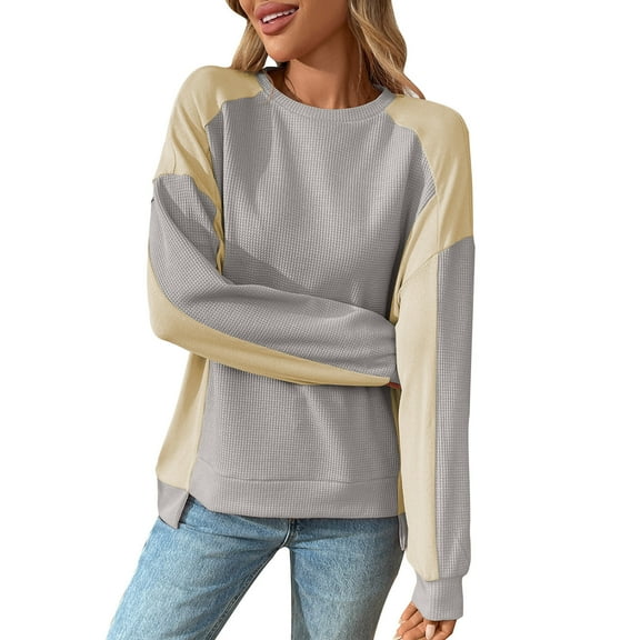 Uootdi Oversized Long Sleeve Gift Sweatshirt for Women Color Block Waffle Knit Crewneck Casual High Low Pullover Sweatshirts To ps