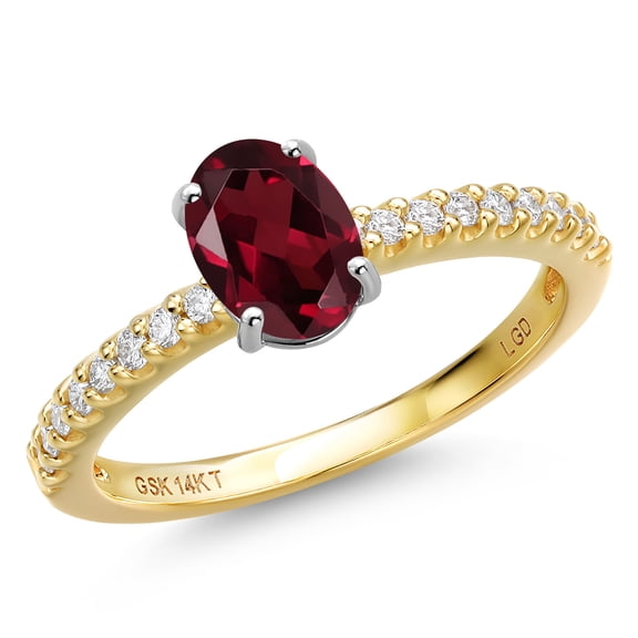 Gem Stone King 14K Two Tone Gold Red Rhodolite Garnet and Lab Grown Diamond Engagement Ring for Women | 1.06 Cttw | Oval 7X5MM | Gemstone January Birthstone | Size 6