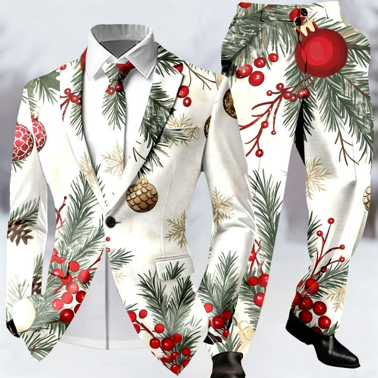 KKBOTIVE Men's Christmas Suit Slim Fit Xmas Printed Holiday Party Tuxedo  Suit and Dress Pants Men's Fashion Jacket Outfit 1-White Size: S