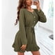 thumbnail image 3 of Vestido De Punto Con Cordón Para Mujer, Vestido De Punto De Línea A, Manga Larga, Cuello Redondo, Botón, Cordón, Cintura Elástica, Vestido Para Mujer, Verde Militar M ANGGREK HD1711, 3 of 6