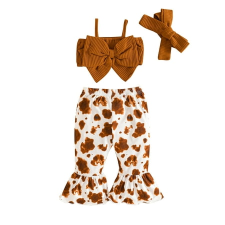 

B91xZ Baby Girl Outfit Infant Girls Sleeveless Bowknot Ribbed Tops Vest Leopard Cartoon Cow Prints Bell Bottoms Pants Outfits Brown Sizes 6-9 Months