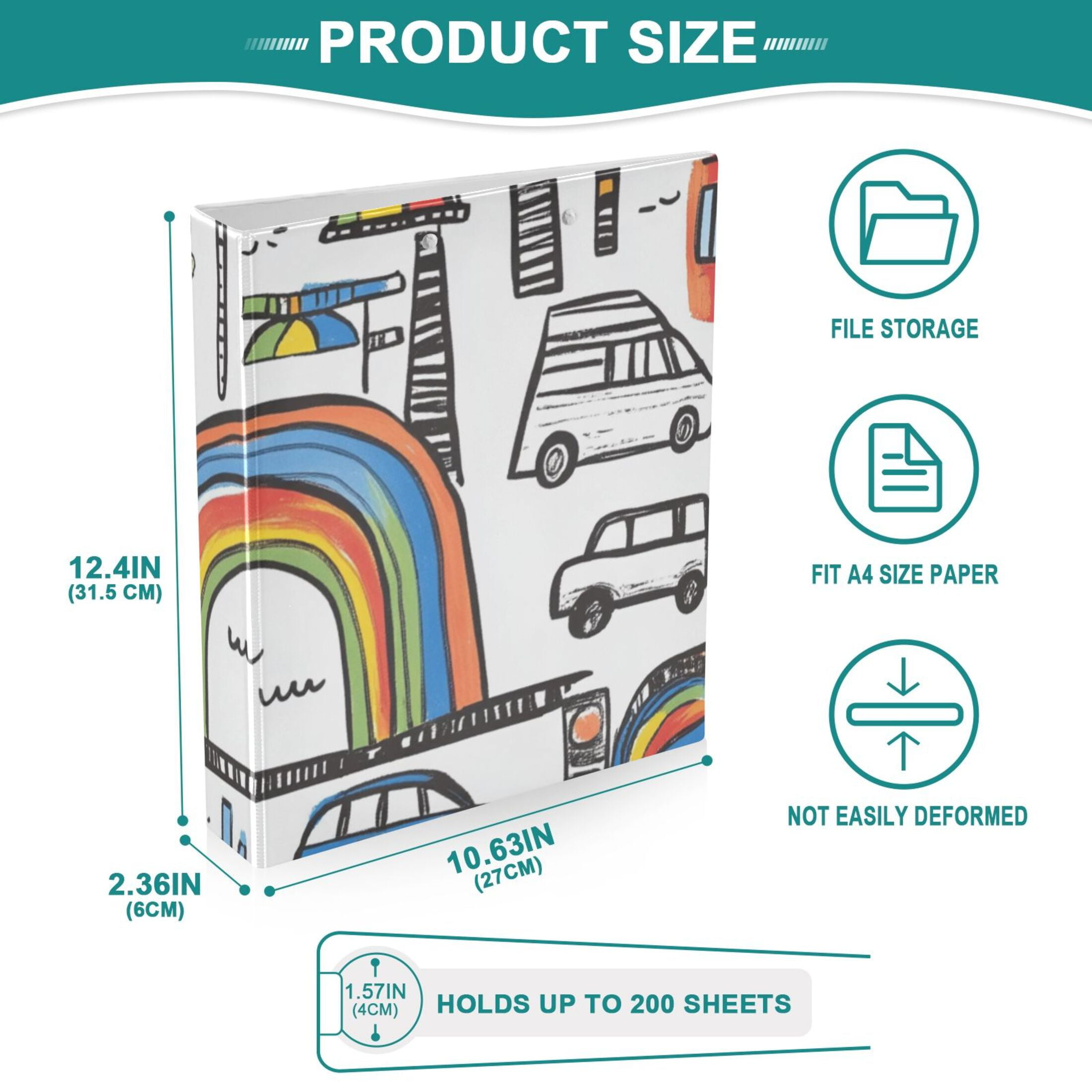 Cars Doodle Rainbows 3 Ring Binders 1.5 inch Hardcover File Folders with Interior Pockets A4 Size Organizer for School Office Hospital