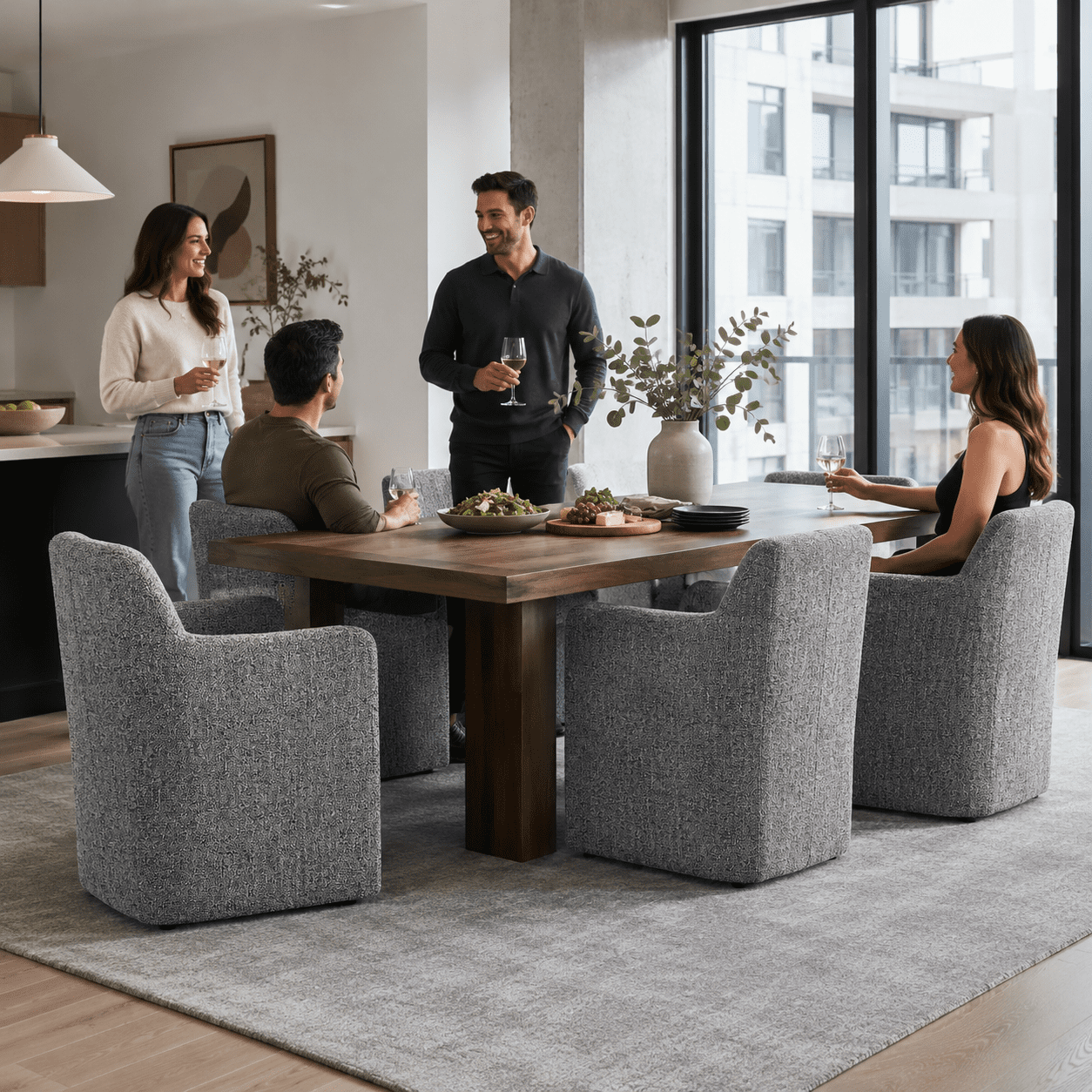Aenkyo Upholstered Dining Arm Chair with Casters, Barrel Back Rolling Accent Chair, Pewter Gray