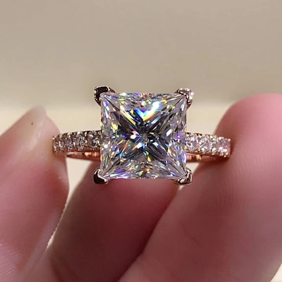 14K White Gold Plated Silver 3Ct Princess Cut Lab-Created Moissanite Pave set Solitaire Unique Engagement Wedding Ring