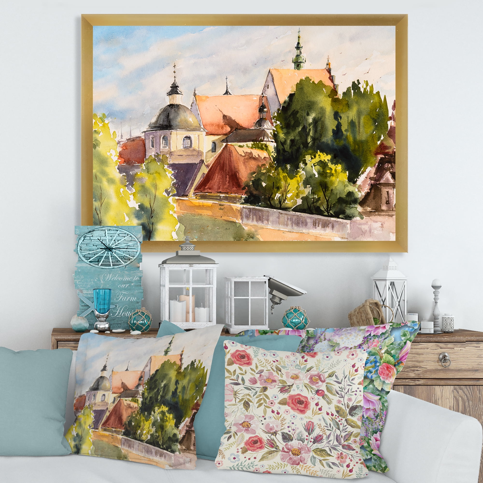 Designart 'View of Old Polish City Buildings In Nature' Traditional Framed Art Print