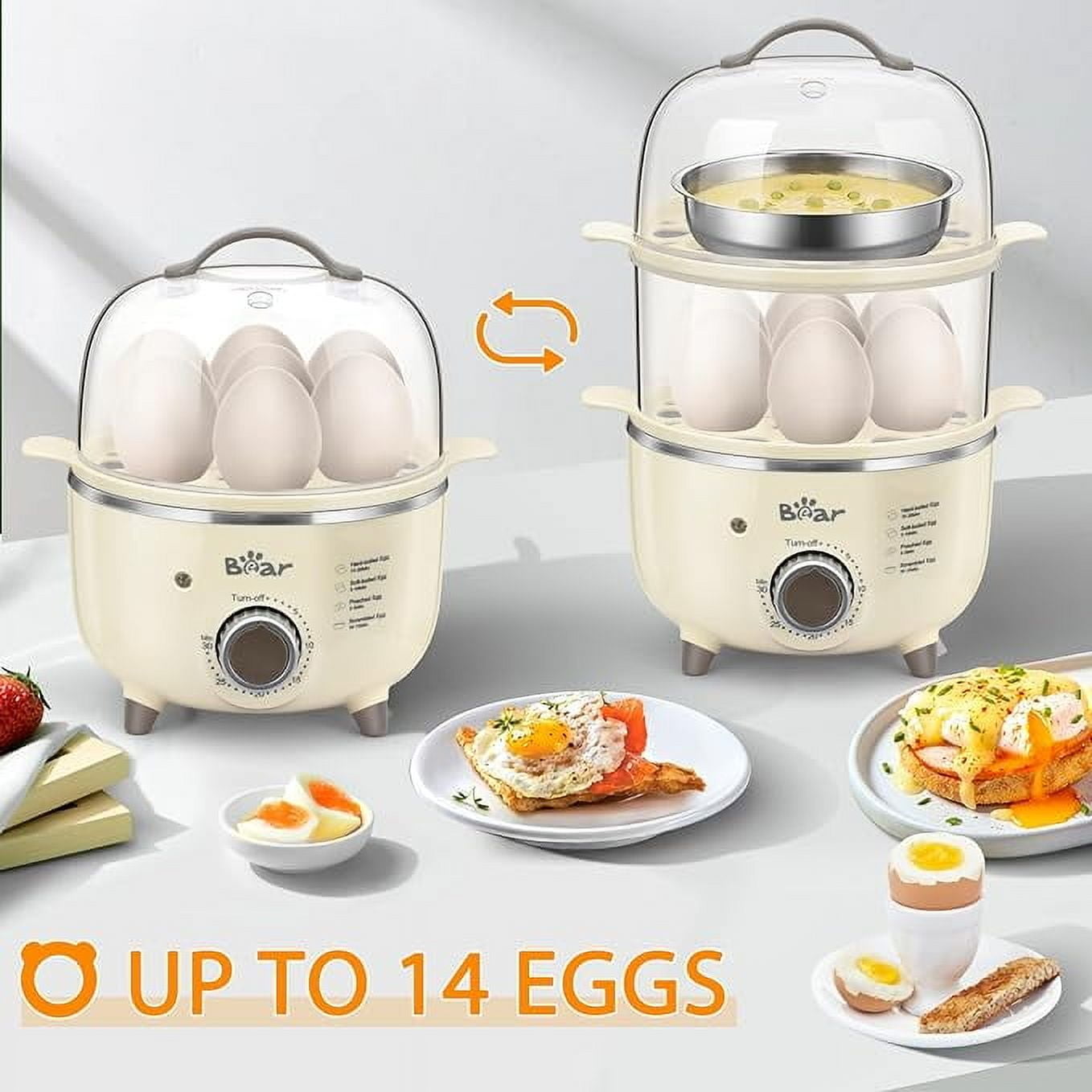 Bear Egg Cooker,14 Egg Capacity Rapid Electric Egg Cooker with Auto Shut-Off Timer for Hard Boiled Eggs, Poached Eggs, Scrambled Eggs, or Omelets,Single or Double Layer Use