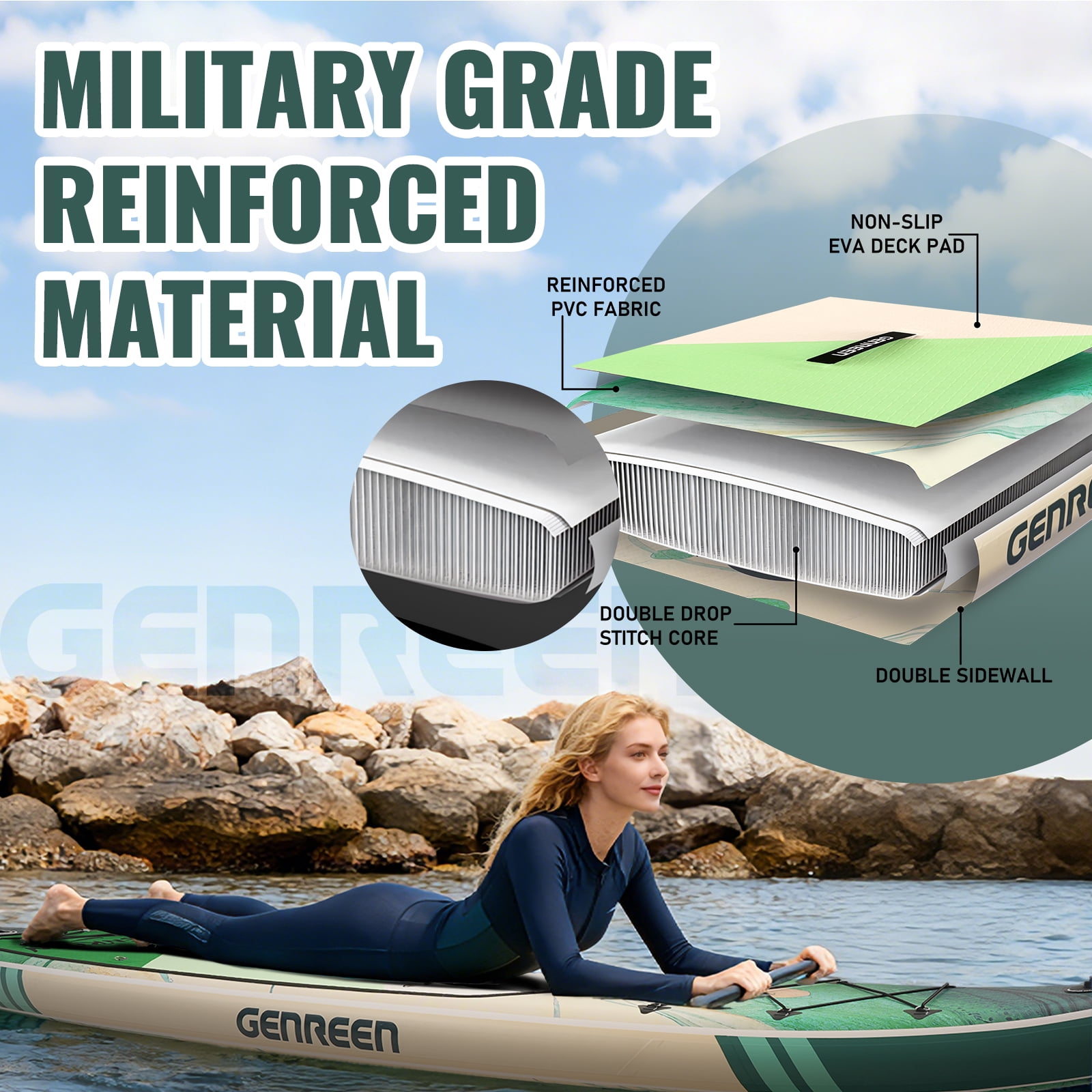 Genreen 11ft Inflatable  Stand up Paddle Board, Fishing Paddle Board with  SUP Accessories for Youth & Adults