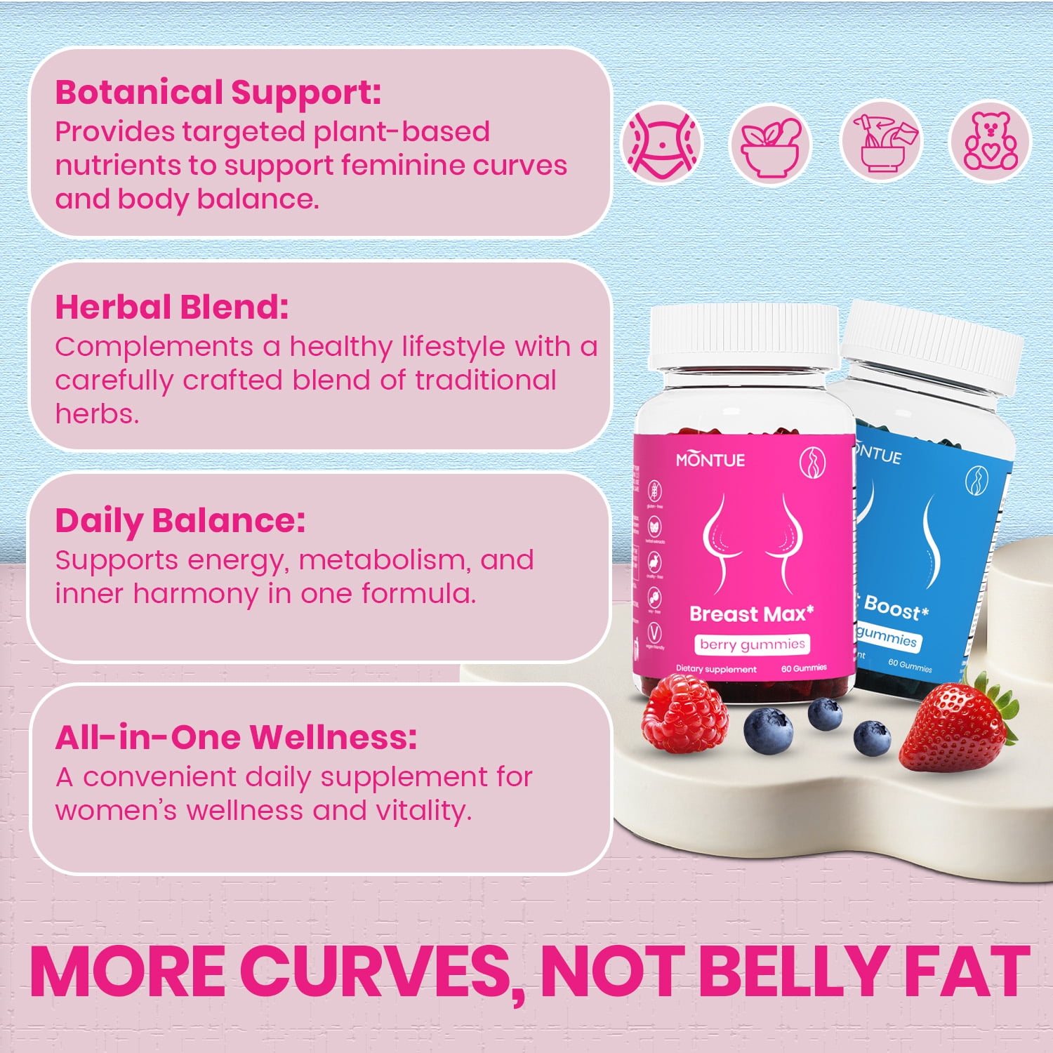BFQN Top & Peach Support Multivitamin Gummies Combo Pack for Women – with Herbal Extracts & Essential Vitamins, Berry Flavor, 2-Pack (120 Gummies)