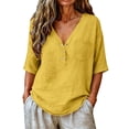 thumbnail image 2 of LIZUOJUN Women's Mid sleeve T-shirt Casual Button Down Washed Cotton LinenMiddle Length Sleeve Tops Casual Button Round Neck Loose Summer Top T Shirt,Yellow 2XL, 2 of 6