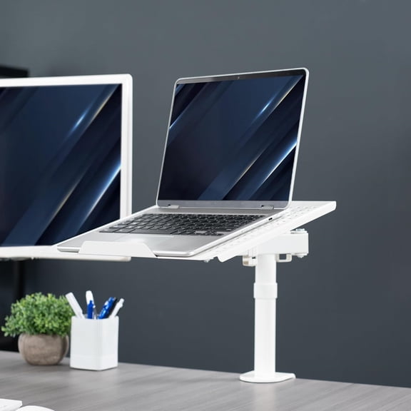 Single Laptop Notebook Desk Mount Stand, Fully Adjustable Extension with C-clamp, Fits up to 17 inch Laptops, White