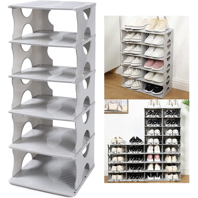Zapatero de 6 niveles, organizador de almacenamiento apilable para la entrada del dormitorio, estante ajustable, estante con ranuras para zapatos, estante de torre fácil de montar, gris