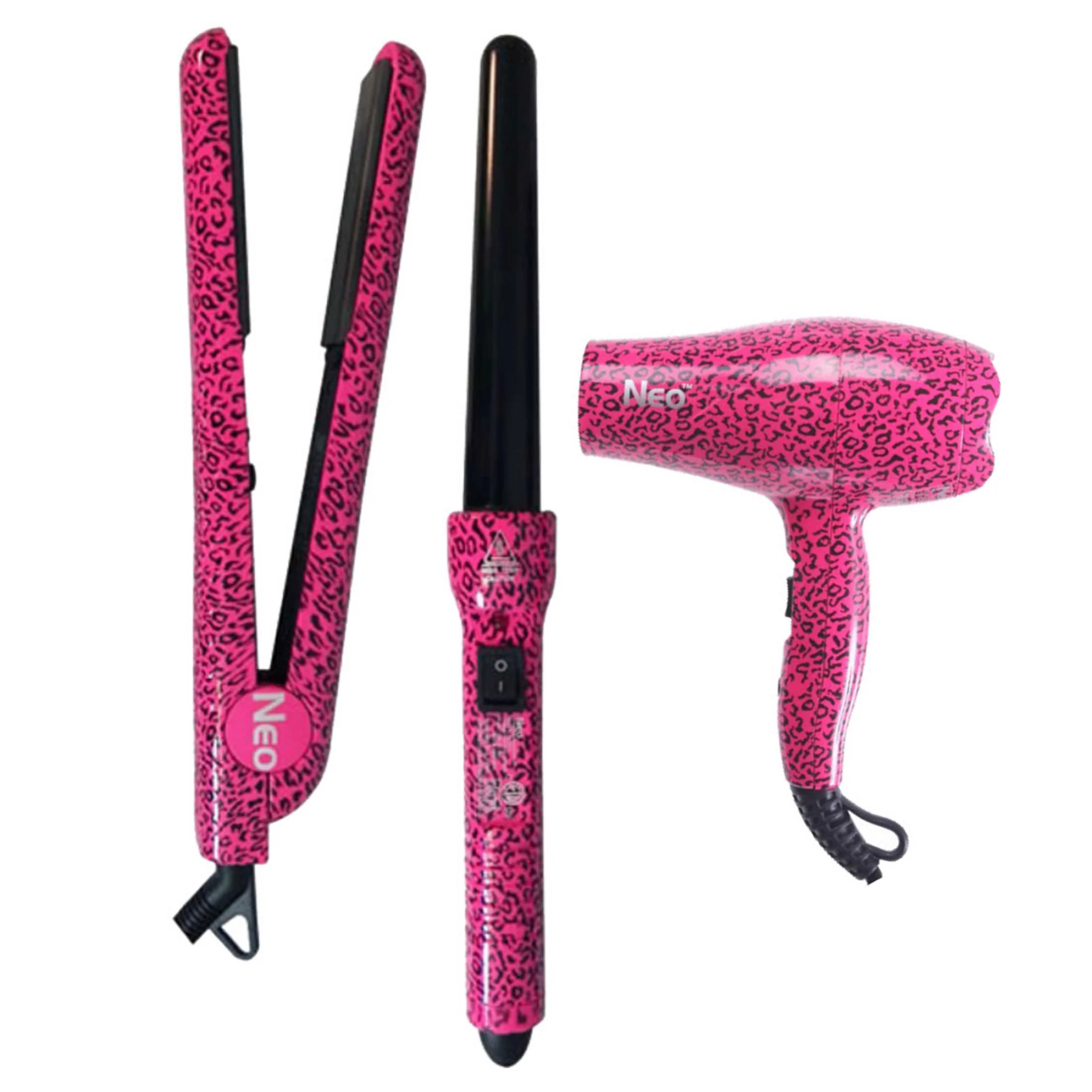 The Neo Choice 3 pcs Trio Complete Full Set with 1.25 Inch Hair Straightener + 18-25mm Curling Iron + Mini Hair Dryer (Pink Leopard)