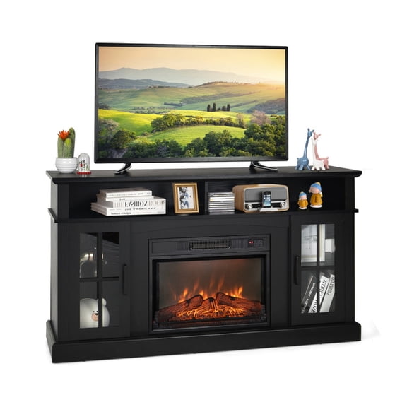Furnibear Fireplace TV Stand for 65 Inch TV, Electric Fireplace Entertainment Center with Cabinets, Black