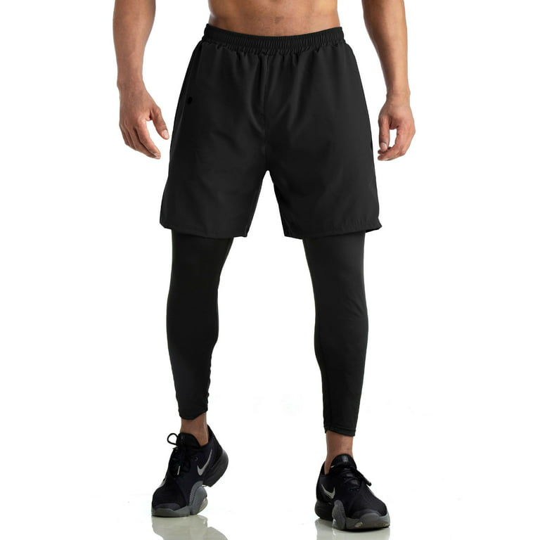 Spencer Men's 2 in 1 Running Pants Quick Dry Compression Tights Pants Gym  Athletic Workout Legging with Phone Pocket, Black