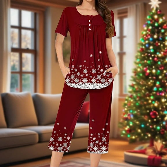 Mifsaly Christmas 2 Piece Pajama Set for Women 2025 Vintage Xmas Print Short Sleeve Pullover Sleepwear Loose Crewneck Cotton Nightwear High Waist Capri Pants with Pockets Festival Holiday Loungewear