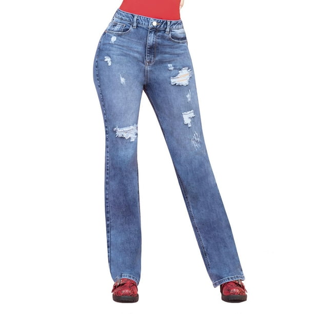 Pantalón básico SAVI JEANS mezclilla Stretch Mujer con destrucción Recto azul 15