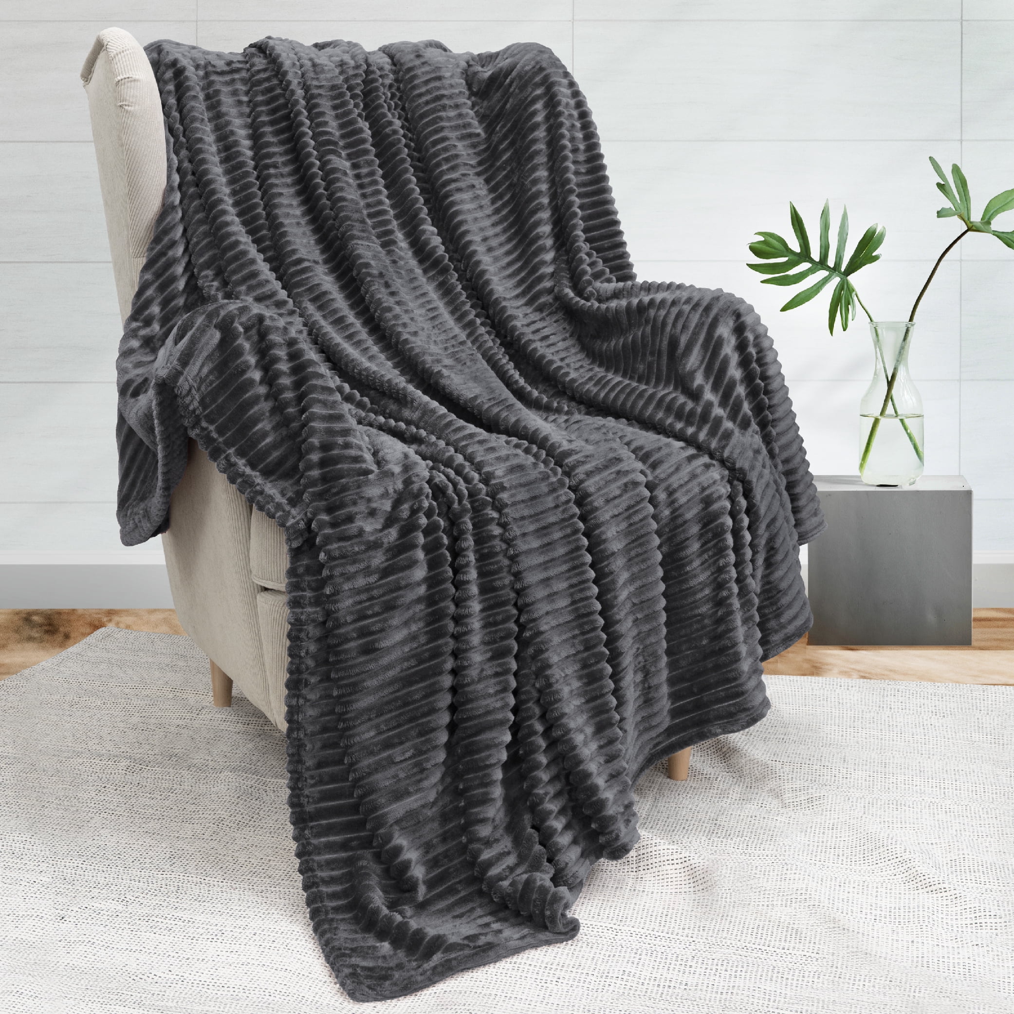 PAVILIA Super Soft Fleece Throw Blanket Twin Grey, Fuzzy Plush Flannel Throw, Warm Cozy Ribbed Microfiber Blanket for Sofa Couch Bed, Lightweight Striped Blanket, Grey, 60x80