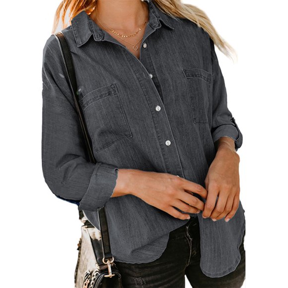 Avamo Ladies Jean Shirt Button Down Cowboy Lapel Neck Denim Loose Tunic Blouse Holiday Tops Black L