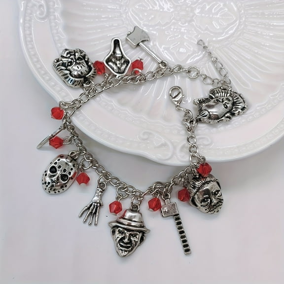 Top-kevin Halloween Horror Movie Jason Mask Charm Bracelet - Gothic Skull & Bone Bead Jewelry with Red Accents, Durable Metal Chain for Daily Wear, Parties, Spooky Gift for Horror Fans