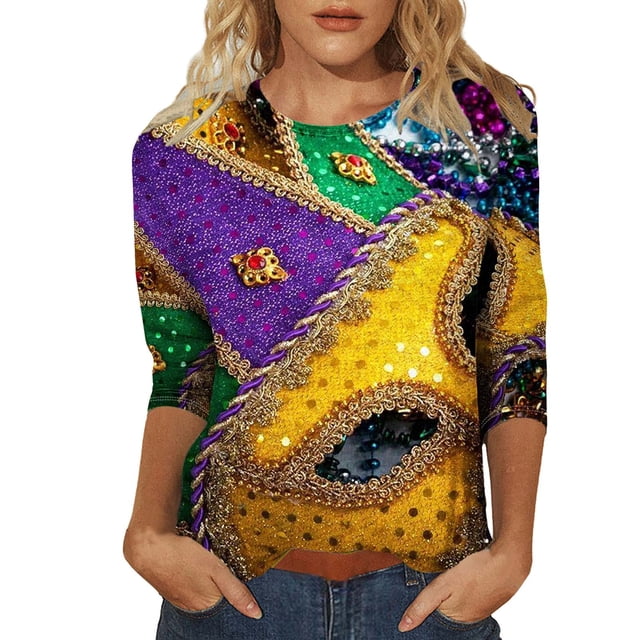 Outfmvch Chemises Mardi Gras pour Femmes, Manches 3/4 Hauts pour Femmes, Tenue Mardi Gras pour Femmes, Blouses pour Femmes, Hauts d'Entraînement pour Femmes, Tunique Graphique de Carnaval Manches 3/4 Col Rond Blouse Blanche 4TG