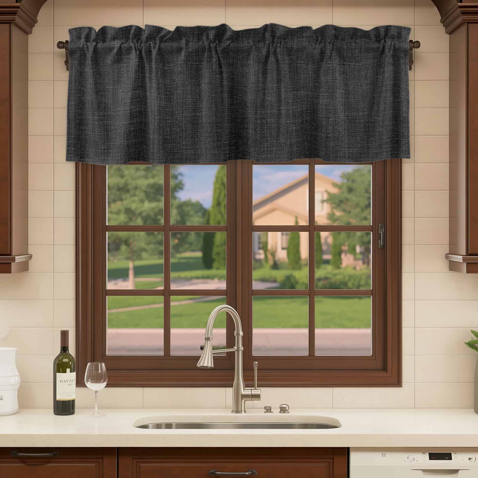Valances for Windows, Black Burlap Texture Kitchen Curtains Valances 2 Pack for Living Room Bedroom Bathroom, Farmhouse Vintage Black Light Filtering Curtains Rod Pocket Valance 60"x18"
