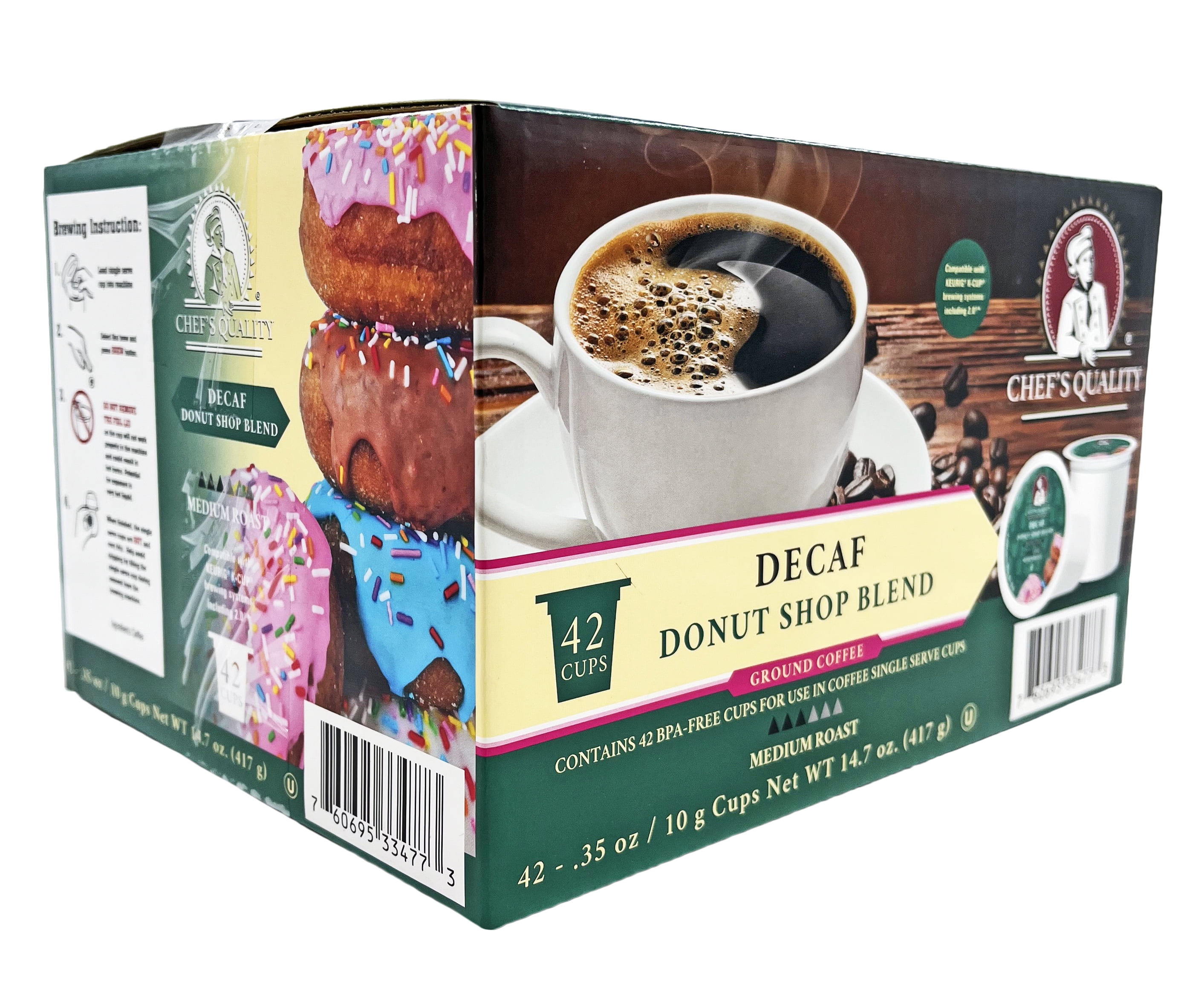 Chef's Quality Decaf Donut Shop Blend 0.35 oz. Single Serve Coffee Pods | Medium Roast | Kosher | 42 Count