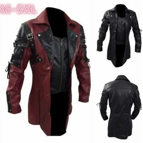 New Steampunk Men's Gothic Trench Coat Leather Jacket Punk Style Biker Jacke Autumn Winter Motocycle Jacket