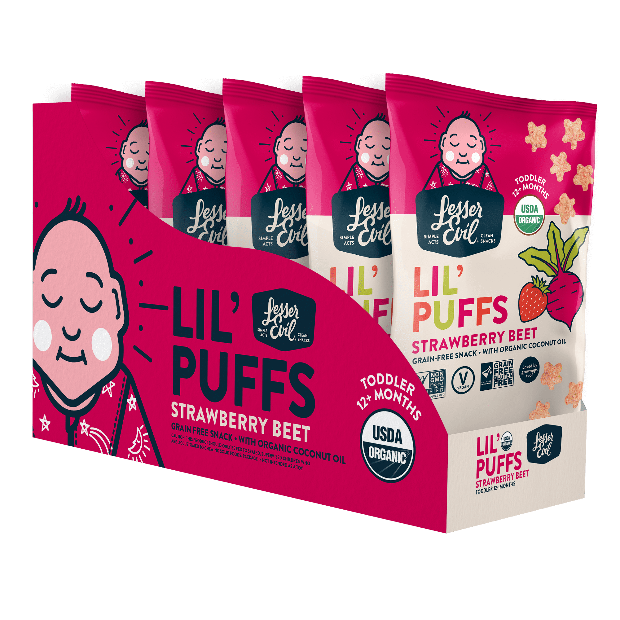 LesserEvil Organic Lil' Puffs, Strawberry Beet, 2.5 oz Bags, 5 Count