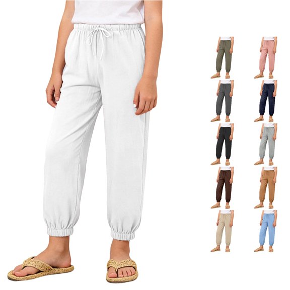 PMVFHDE Girls Casual Jogger Pants Elastic Waistband Ankle Soft Comfortable Kids Trousers For Daily Play Outdoor Activities Suitable Spring Autumn White,11-12 Years