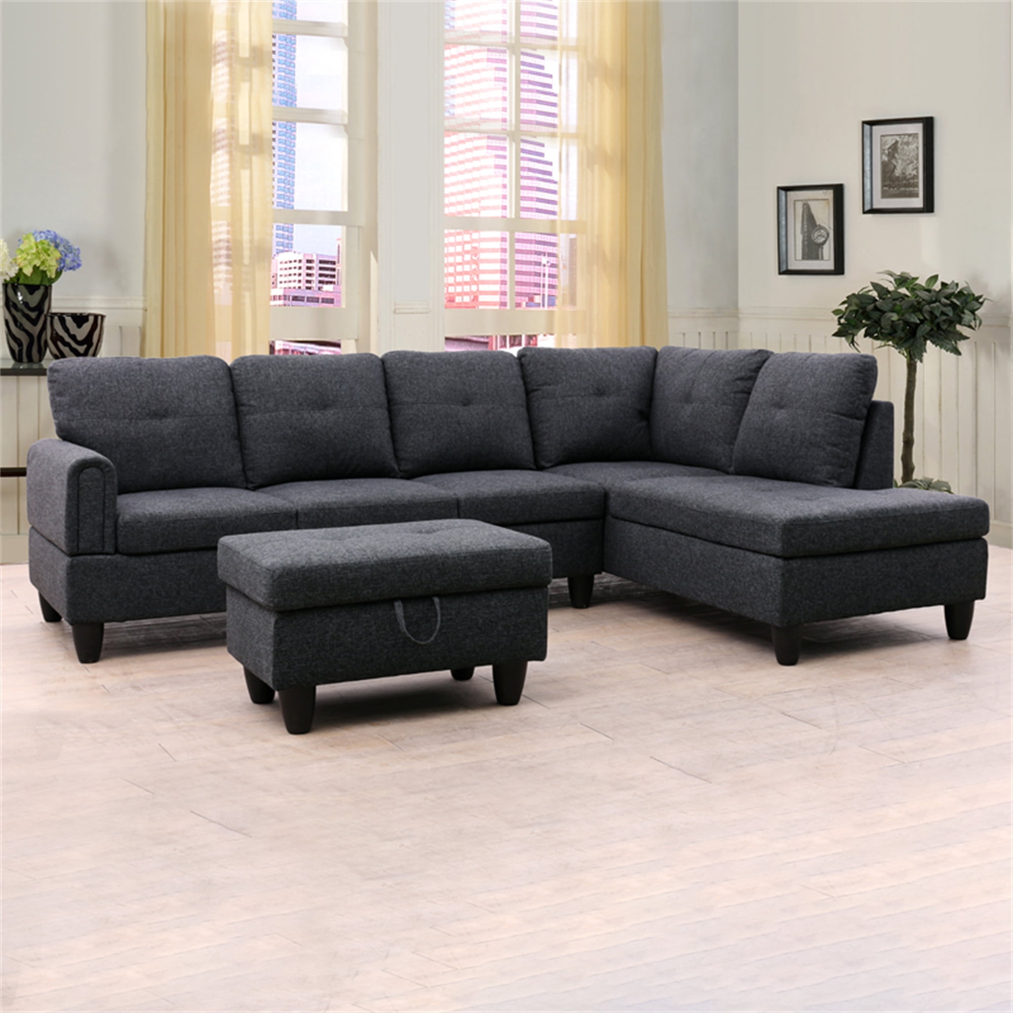 Aukfa 3 Piece L-shape Sectional Sofa with Storage Ottoman, Right Chaise, 2 Pillows, Linen, Dark Gray