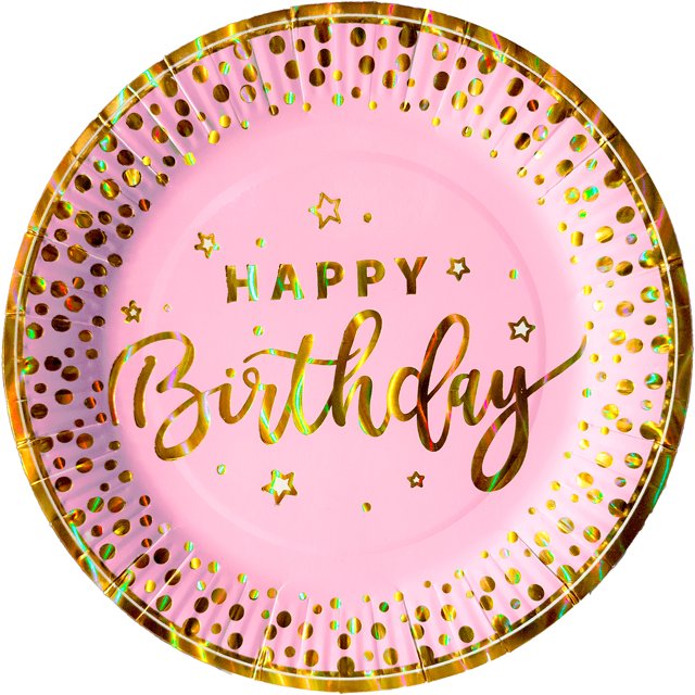 24 Pz Plato Cartón Premium Pastelero Happy Birthday Hb Rosa Confeti Oro