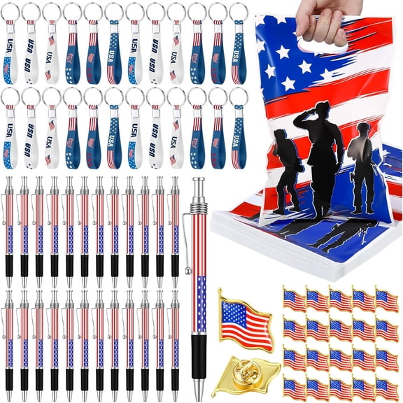 Memorial Day Patriotic Gift Set, 96-Piece Tribute Decoration Supplies With 24 American Flag Gift Bags, 24 USA Keychains, 24 Flag Pens, 24 USA Flag Brooches, Red White Blue