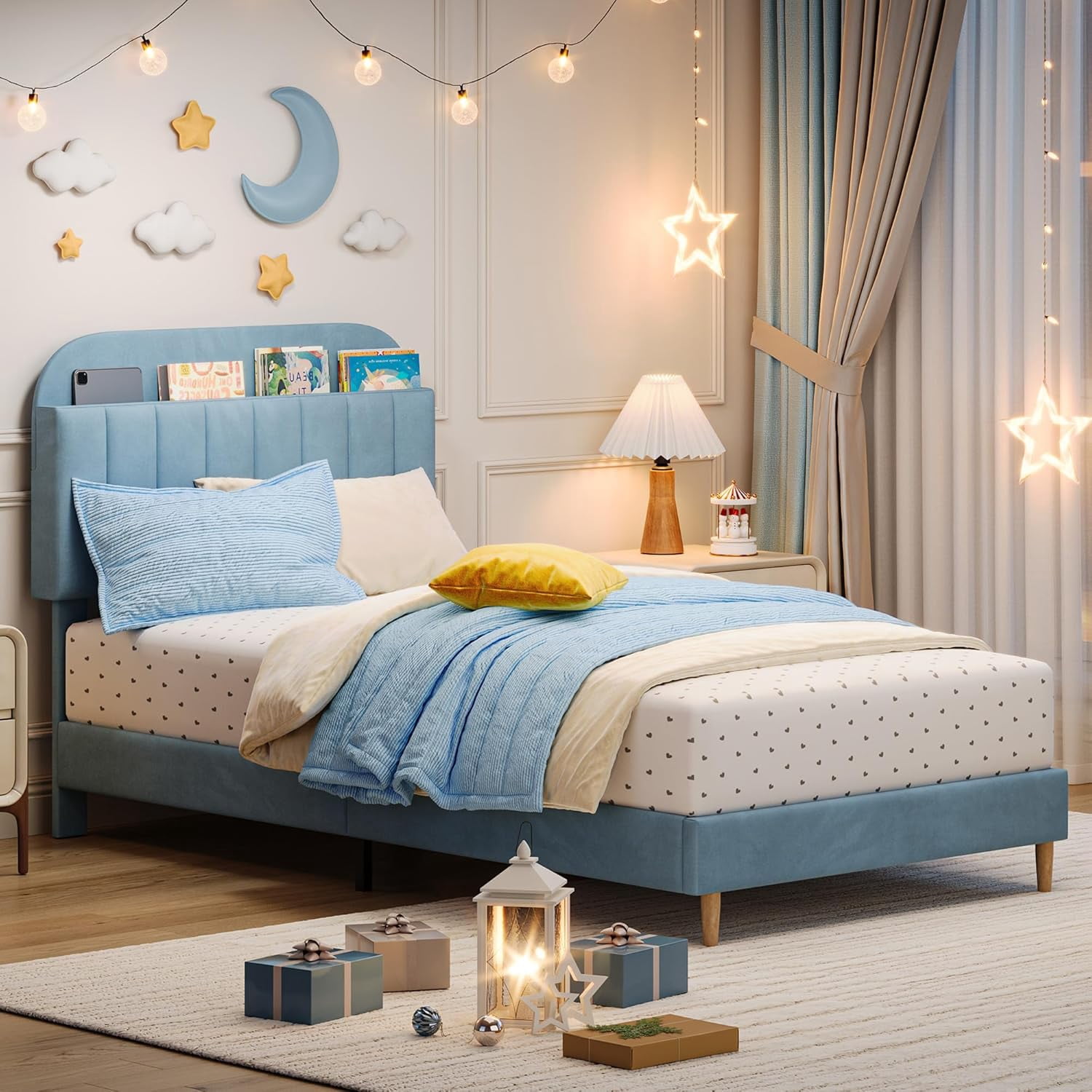 COZONY Twin Bed Frame, Velvet Upholstered Platform Bed w/ Bookcase Headboard, No Box Spring Needed, Noise-Free, Blue