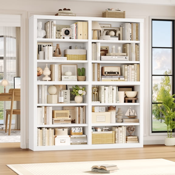 Hiphuta 63"W Extra Large and Sturdy Bookcase, Double Wide 6-Tier Bookshelf, Tall Bookcase for Home Office and Living Room, Wooden Freestanding Display Shelf, White