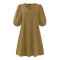 thumbnail image 3 of VONDA 3 Colors Women V-Neck Puff Sleeve Pure Color Casual Loose Mini Dress, 3 of 6